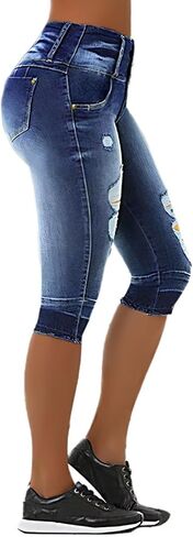 Flamingals Women's Distressed Button Front Raw Hem Capris Jeans Mid Waist Casual Pants in Saudi Arabia