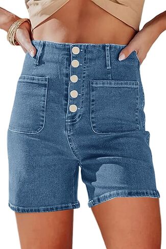 PLNOTME Womens High Waisted Jean Shorts Button Fly Stretch Straight Leg Summer Denim Shorts with Pockets in Saudi Arabia