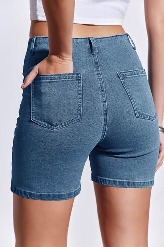 PLNOTME Womens High Waisted Jean Shorts Button Fly Stretch Straight Leg Summer Denim Shorts with Pockets in Saudi Arabia