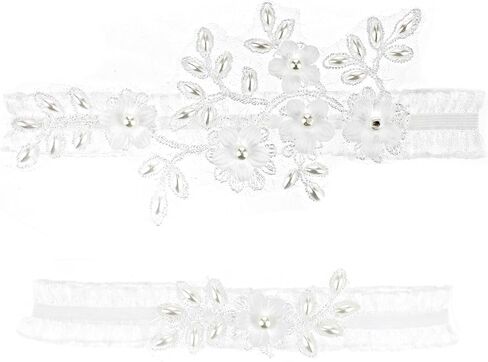 2 Pieces Wedding Garter Set For Bride Lace Wedding Garter White Garters Pearl Garters For Bride Floral Garters Hand Sewn Faux Pearls Garter Bride Garter Prom Leg Accessories For Bride Bridesmaid in Saudi Arabia