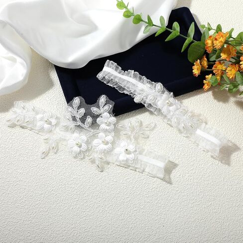 2 Pieces Wedding Garter Set For Bride Lace Wedding Garter White Garters Pearl Garters For Bride Floral Garters Hand Sewn Faux Pearls Garter Bride Garter Prom Leg Accessories For Bride Bridesmaid in Saudi Arabia