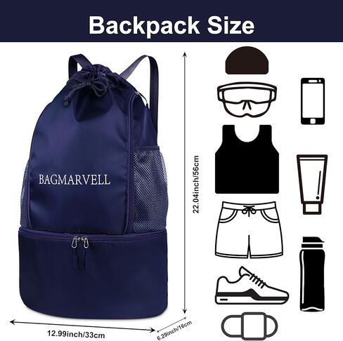 BAGMARVELL Beach Bag, Mesh Drawstring Backpack for Swimming - Waterproof Pool Bag with Shoe Compartment, Wet & Dry Storage for Gym Bag & Swim Bag Workout Gear (Blue) in Saudi Arabia