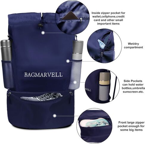 BAGMARVELL Beach Bag, Mesh Drawstring Backpack for Swimming - Waterproof Pool Bag with Shoe Compartment, Wet & Dry Storage for Gym Bag & Swim Bag Workout Gear (Blue) in Saudi Arabia