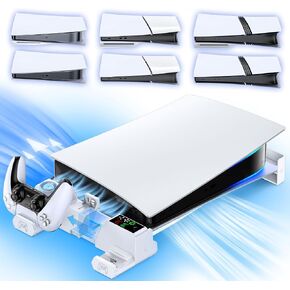 PS5/Slim/Pro Horizontal Stand with Cooling Fan & Charger for Original & Edge Controllers, Scalable Design PS5 Accessories Base with EVA Foams for All PS Five Disc & Digital, PS 5 Sideways Stand White in Saudi Arabia