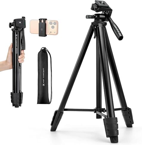 K&F CONCEPT 57.9'' Tripod for Phone& Camera, Compact Portable Travel Tripod | Folds to 17'' Weighs 1.36lbs, 360° Rotation & +90°/-85° Tilt Max Load 4.4lb, Compatible with Smartphones, Cameras. S204A1 in Kuwait