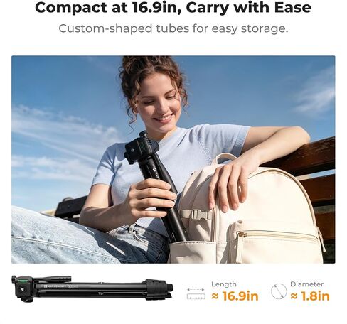 K&F CONCEPT 57.9'' Tripod for Phone& Camera, Compact Portable Travel Tripod | Folds to 17'' Weighs 1.36lbs, 360° Rotation & +90°/-85° Tilt Max Load 4.4lb, Compatible with Smartphones, Cameras. S204A1 in Kuwait