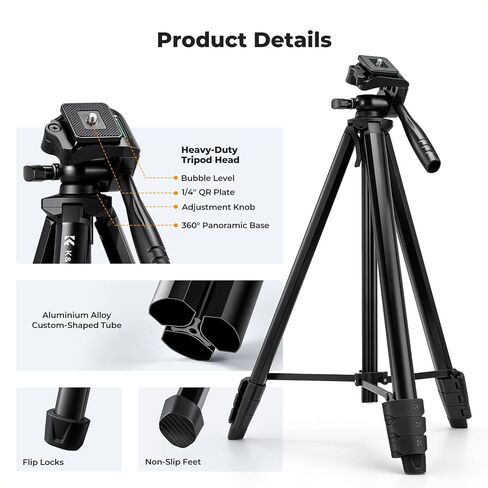 K&F CONCEPT 57.9'' Tripod for Phone& Camera, Compact Portable Travel Tripod | Folds to 17'' Weighs 1.36lbs, 360° Rotation & +90°/-85° Tilt Max Load 4.4lb, Compatible with Smartphones, Cameras. S204A1 in Kuwait