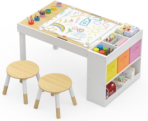 Kids Art Table and 2 Chairs Set, Wooden Craft Desk with 2 Storage Shelves, 6 Storage Bins & Paper Roll for Drawing, Learning and Reading, Toddler Activity Play Desk for Home, 47 L x23 W in Kuwait