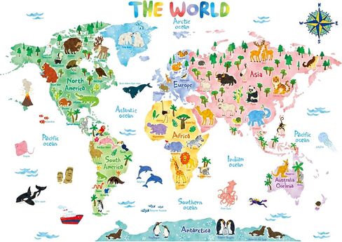 DECOWALL SG2-1615S Animal World Map Wall Stickers for Kids (Large) | Educational wall decor, Peel and stick, Removable wall decals, Letter learning, Classroom, Playroom, Nursery, Homeschool in Kuwait