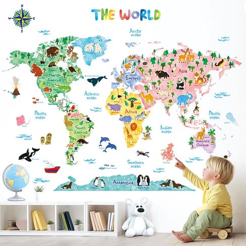 DECOWALL SG2-1615S Animal World Map Wall Stickers for Kids (Large) | Educational wall decor, Peel and stick, Removable wall decals, Letter learning, Classroom, Playroom, Nursery, Homeschool in Kuwait