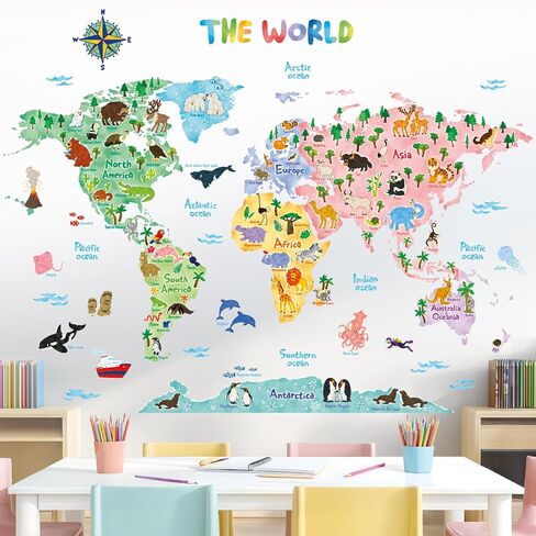 DECOWALL SG2-1615S Animal World Map Wall Stickers for Kids (Large) | Educational wall decor, Peel and stick, Removable wall decals, Letter learning, Classroom, Playroom, Nursery, Homeschool in Kuwait