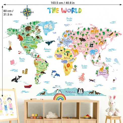 DECOWALL SG2-1615S Animal World Map Wall Stickers for Kids (Large) | Educational wall decor, Peel and stick, Removable wall decals, Letter learning, Classroom, Playroom, Nursery, Homeschool in Kuwait
