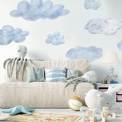 Large Cloud Wall Decals for Room Ceiling, 7-Piece Dusty Blue & Soft White Cloud Stickers, Nursery Wall Decor, Faux Cloud Wallpaper for Kids Playroom & Bedroom and Furniture in Kuwait