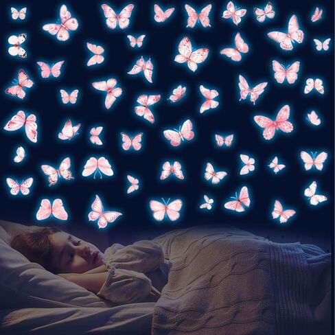 Glow in The Dark Pink Butterfly Wall Decals，Glowing Luminous Watercolor Butterfly Wall Stickers Removable self-Adhesive Butterfly Decals for Girls Bedroom Kids Baby Nursery Living Room Decor in Kuwait