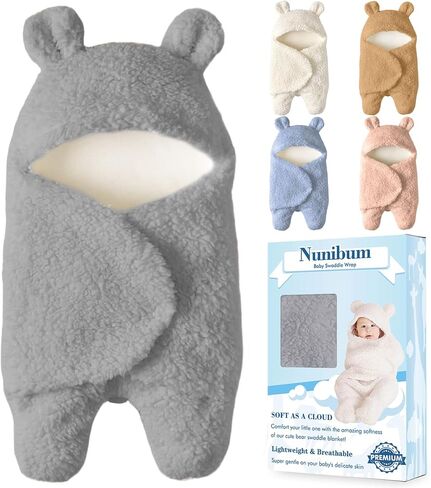 Nunibum Baby Swaddle Blanket Boys Girls Cute Bear Plush Essential Receiving Blanket Ultra-Soft Newborn Registry Sleeping Wraps for Infant 0-6 Months - White in Kuwait