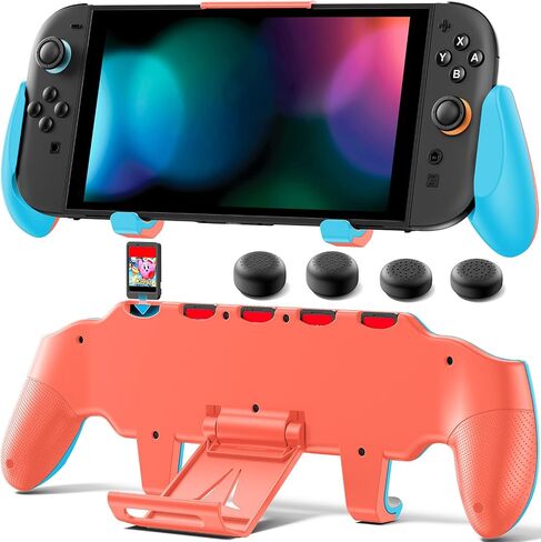 OIVO Switch Grip with Upgraded Adjustable Stand, Asymmetrical Grip with Adjustable Stand and 5 Game Slots-4 Thumb Caps Included, Black, Interactive Gaming Figures in Saudi Arabia