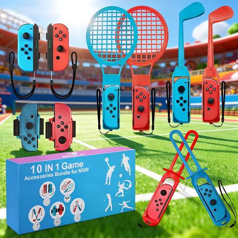 10 in 1 Accessories Kit for Nintendo Switch Sports,Family Accessories Bundle Compatible with Switch/Switch OLED Sports Games with Soccer Leg Strap,Golf Clubs ,Tennis Rackets,Swords (Red blue) in Kuwait