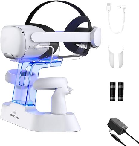 NexiGo Enhanced Charging Dock for Meta Quest 3 and 3S, with LED Light [On/Off], [Support Elite Strap with Battery], Headset Display Holder and Controller Mount, Rechargeable Batteries, White in Kuwait
