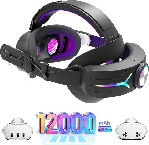 حزام رأس RGB Light مع بطارية 12000 مللي أمبير في الساعة لجهاز Meta Quest 3/3s_Black | شحن سريع بقدرة 18 وات لوقت لعب ممتد من 4 إلى 6 مناسب بشكل مريح - حزام بديل النخبة بوزن متوازن in Kuwait