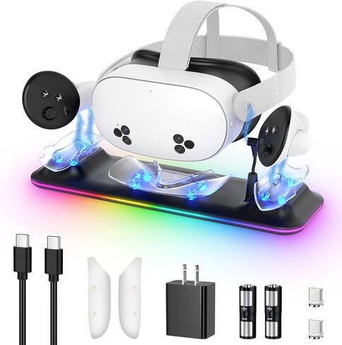 18W VR Charging Dock for Meta Quest 3S/Quest 3 Headset & Controller | Fast Magnetic VR Charging Station Stand for Oculus 3S/3 Accessories, RGB Light, 2 Rechargeable Batteries & Controller Covers in Saudi Arabia