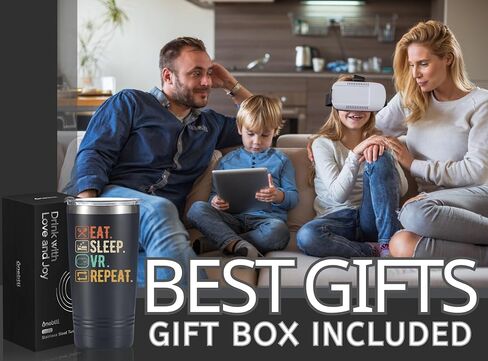 هدايا عشاق Onebttl VR، هدايا مضحكة للاعبين الواقع الافتراضي، هدايا لمحبي الواقع الافتراضي، كوب معزول من الفولاذ المقاوم للصدأ سعة 20 أونصة مع غطاء وقش، أسود - تكرار أكل النوم VR in Kuwait