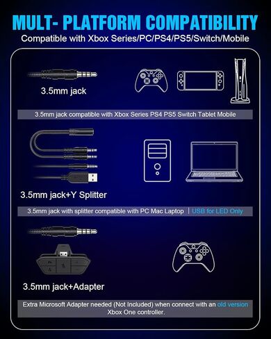 سماعة ألعاب لأجهزة Xbox Series X|S Xbox One PS5 PS4 PC Switch Mac، سلكية | سماعات رأس بصوت محيطي 7.1، وإضاءة RGB، وميكروفون قلاب لإلغاء الضوضاء، ومشغلات مقاس 50 مم، وأغطية أذن من الإسفنج الذكي in Kuwait