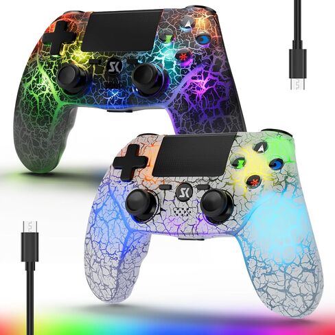 2 Pack Wireless Controller for PS4, LED Backlit Controllers for PS4/Pro/Slim, 1000mAh Battery, Double Shock 6-Axis Motion Sensor, Adjustable RGB Backlight, White+Black in Kuwait