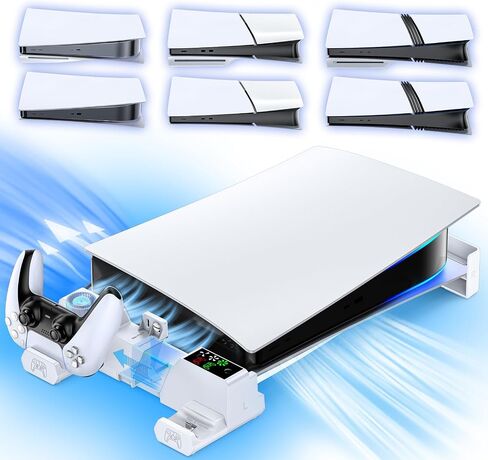 PS5/Slim/Pro Horizontal Stand with Cooling Fan & Charger for Original & Edge Controllers, Scalable Design PS5 Accessories Base with EVA Foams for All PS Five Disc & Digital, PS 5 Sideways Stand White in Saudi Arabia
