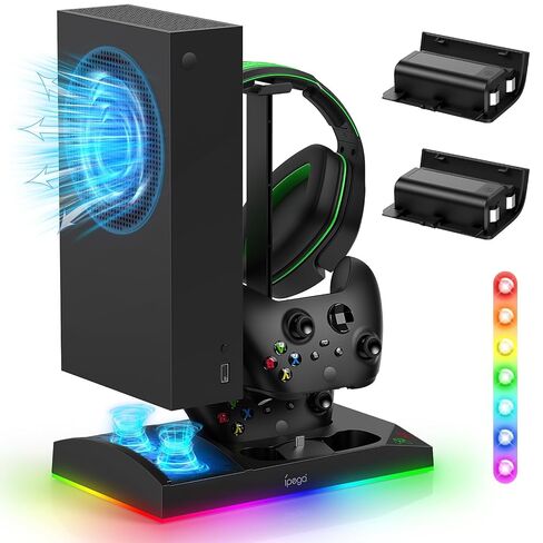 حامل شحن مروحة تبريد RGB مطور لوحدة التحكم ووحدة التحكم Xbox Series S | حامل نظام تبريد قاعدة الشحن المزدوج مع 15 وضع إضاءة ملون مع بطارية قابلة لإعادة الشحن 2 × 1400 مللي أمبير، أبيض in Kuwait