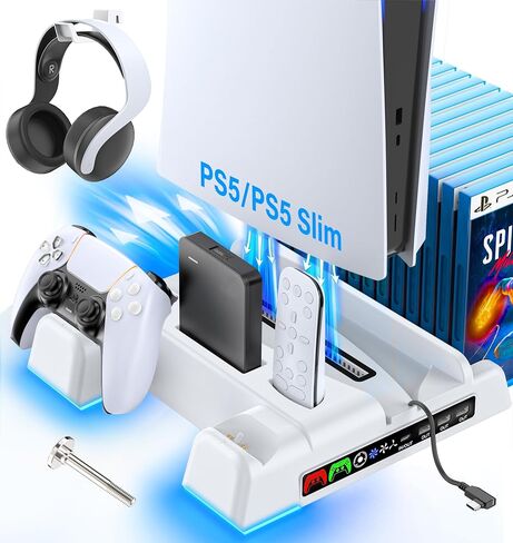 PS5/Slim Stand and Cooling Station with LED Controller Charging Station for PS 5 Console, Controller Charger, Cooling Stand, PS5/Slim Accessories Kit with 3 Level Cooler Fan, Sega Genesis Consoles in Saudi Arabia