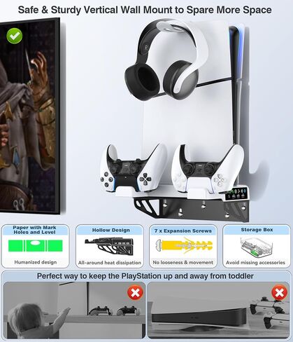 Kosker All-in-One PS5 Wall Mount Kit with Cooling Station & Controller Charging, Horizontal Stand Bracket for PS5/Slim/Pro Disc & Digital Console, Behind TV Gaming Accessory in Kuwait