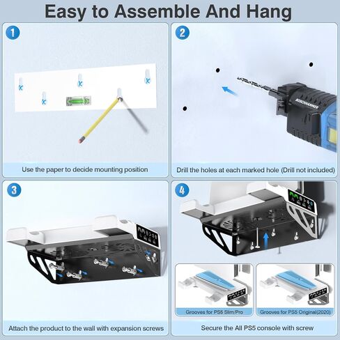 Kosker All-in-One PS5 Wall Mount Kit with Cooling Station & Controller Charging, Horizontal Stand Bracket for PS5/Slim/Pro Disc & Digital Console, Behind TV Gaming Accessory in Kuwait