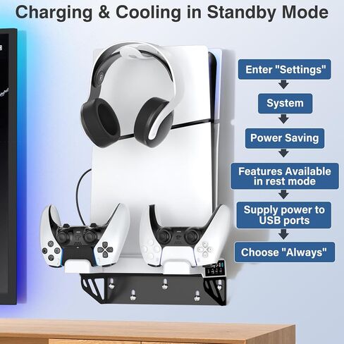 Kosker All-in-One PS5 Wall Mount Kit with Cooling Station & Controller Charging, Horizontal Stand Bracket for PS5/Slim/Pro Disc & Digital Console, Behind TV Gaming Accessory in Kuwait