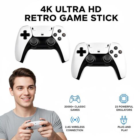 Retro Game Console 128GB – 20000+ Built-in Classic Games, Plug & Play 4K HDMI TV Gaming System with 2 Wireless Controllers, Portable Video Game Console for Kids & Adults in Saudi Arabia