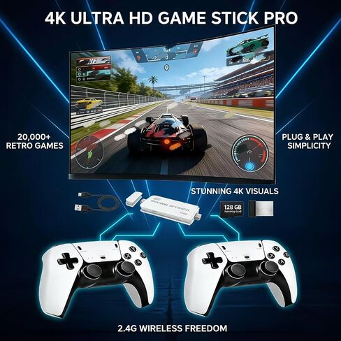 Retro Game Console 128GB – 20000+ Built-in Classic Games, Plug & Play 4K HDMI TV Gaming System with 2 Wireless Controllers, Portable Video Game Console for Kids & Adults in Saudi Arabia