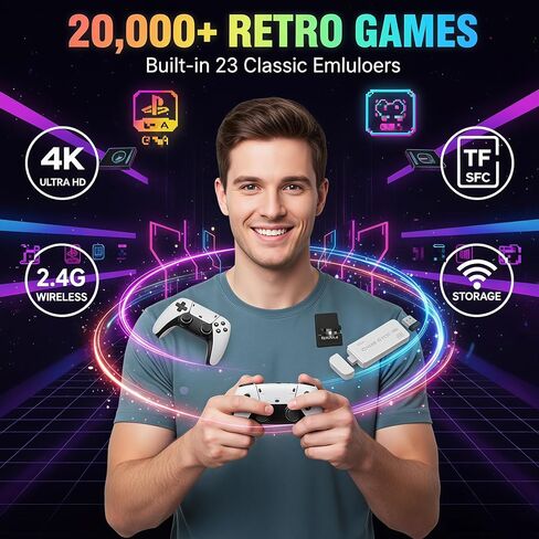 Retro Game Console 128GB – 20000+ Built-in Classic Games, Plug & Play 4K HDMI TV Gaming System with 2 Wireless Controllers, Portable Video Game Console for Kids & Adults in Saudi Arabia