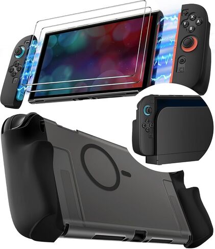 ivoler 5-in-1 Split Protective Case for Nintendo Switch 2, Dockable & Magnetic Accessory Compatible PC Hard Cover, Quick-Release Silicone Joy-Con Grips, 2-Pack 9H Glass Screen Protectors - Black in Saudi Arabia