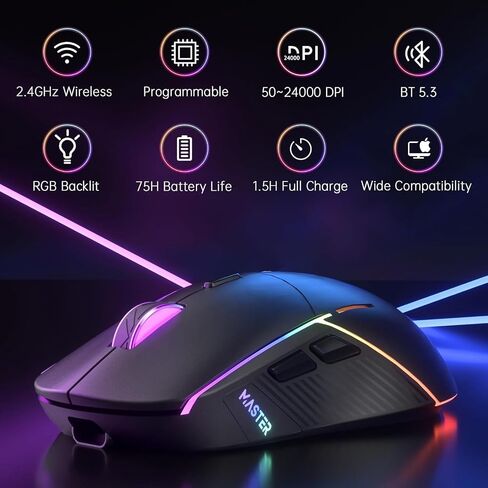 FFJ Wireless Gaming Mouse, 24000 DPI, Rechargeable Gaming Mice for PC, Mac | Tri-Mode 2.4G/USB-C/Bluetooth 5.3 Gaming Mouse Wireless, RGB Programmable Mouse Gamer, 75Hrs Battery Life, Black in Saudi Arabia