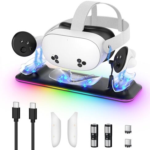 VR Charging Dock Station for Meta Quest 3S/3 Headset & Controller | Fast Magnetic VR Charger Station Stand for Oculus Quest 3S/3 Accessories, RGB Light, 2 Rechargeable Batteries & Covers, Cable in Saudi Arabia