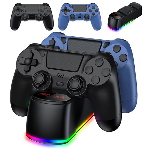 AROEVEIB 2 وحدة تحكم مع قاعدة شاحن لجهاز PS4، وحدة تحكم ألعاب لاسلكية مع قاعدة شحن LED، 2 كابل USB in Kuwait