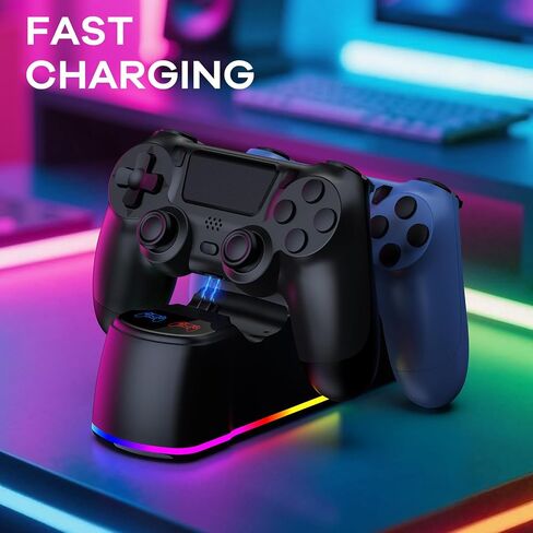 AROEVEIB 2 وحدة تحكم مع قاعدة شاحن لجهاز PS4، وحدة تحكم ألعاب لاسلكية مع قاعدة شحن LED، 2 كابل USB in Kuwait