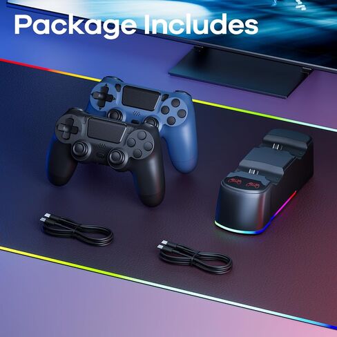 AROEVEIB 2 وحدة تحكم مع قاعدة شاحن لجهاز PS4، وحدة تحكم ألعاب لاسلكية مع قاعدة شحن LED، 2 كابل USB in Kuwait