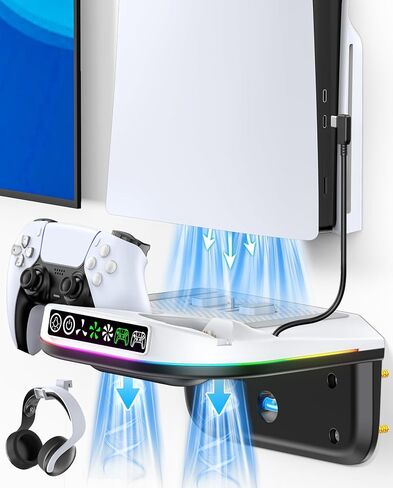 P S5 Wall Mount Kit with Cooling Fan and Charging Station Compatible with PS5/ Slim/ Pro Disc and Digital, PS Five Floating Shelf with 9 RGB Lights, PS 5 Mount Behind TV, P5 Accessories for Gaming, Black and White in Saudi Arabia