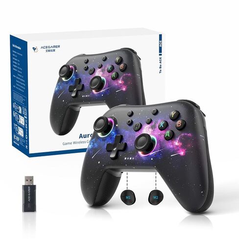 وحدة تحكم بلوتوث لاسلكية AceGamer Aurora II 2.4G لأجهزة الكمبيوتر/Android/Switch/iOS/Switch 2/Steam Deck مع محركات دوارة، وعصا التحكم بتأثير قاعة RGB - وحدة تحكم ألعاب الكمبيوتر المحسنة وقفل الأزرار الخلفية in Kuwait