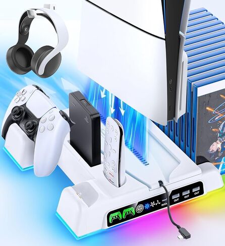 Cooling Stand for PS5/ Slim/Pro Disc & Digital Console, PS5 Cooling Station with Dual Controller Charging Station for PlayStation 5 Console, P S5 Accessories Stand with AUTO Adjustable Fan in Saudi Arabia