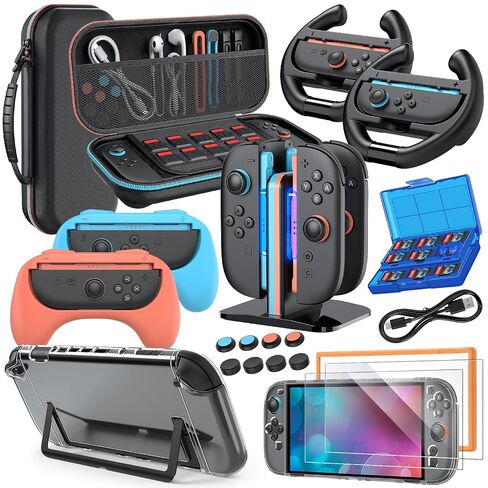 Switch 2 Pro Controller Accessories Bundle for Nintendo Switch 2 Black&Pink | Carrying Case, Controller Charger Dock, Grips for JoyCon,Steering Wheels for Mario Kart,Protective Cover for Switch 2 Console in Saudi Arabia