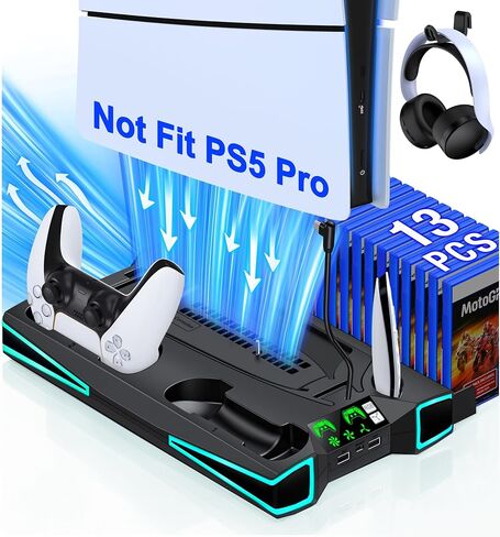 LIFUFUTEE PS5 Stand, PS5/Slim/Pro Cooling Station with 2.36in Cooling Fan, Controller Charger Station for PS5 Accessories, RGB Light, Headset Holder, 3 Charger Ports for PlayStation 5 Slim/Pro Console in Saudi Arabia