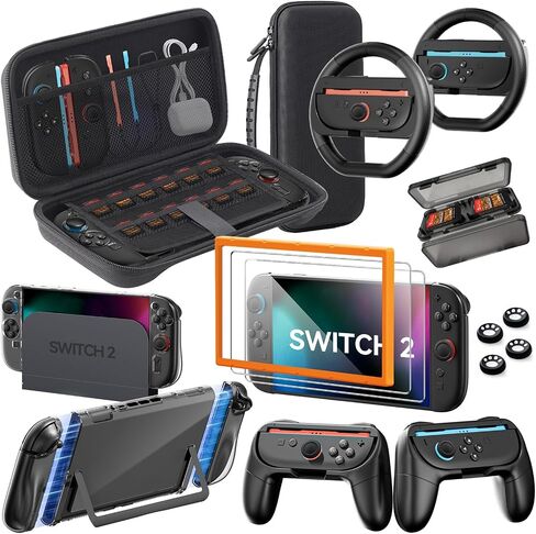 حزمة الملحقات لجهاز Nintendo Switch 2، 16 في 1: حقيبة حمل، 2 واقي شاشة، عجلة قيادة، مقبض لوحدة تحكم Joycon، غطاء حماية لوحدة التحكم قابل للإرساء، إلخ. مجموعة ألعاب 2025 Switch2 in Kuwait