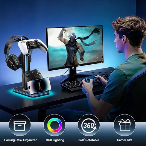 Kytok 4-in-1 Headset and Controller Stand for Desk, 360° Rotating Headphone Stand with Phone Holder, 10 RGB Modes for Accesorios de Mesa Gamer, P5/SW/Xbx Levitating Gaming Headset and Controller Stand in Saudi Arabia
