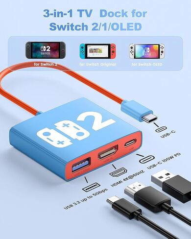 Bemkiru 4-in-1 Switch 2 Dock Set with HDMI & 10FT USB Cable, 65W Charger | Portable Travel Docking Station, TV Adapter, with HDMI 4K@60Hz, USB 3.2 & PD 100W Port, for Nintendo Switch 2/1/OLED in Saudi Arabia